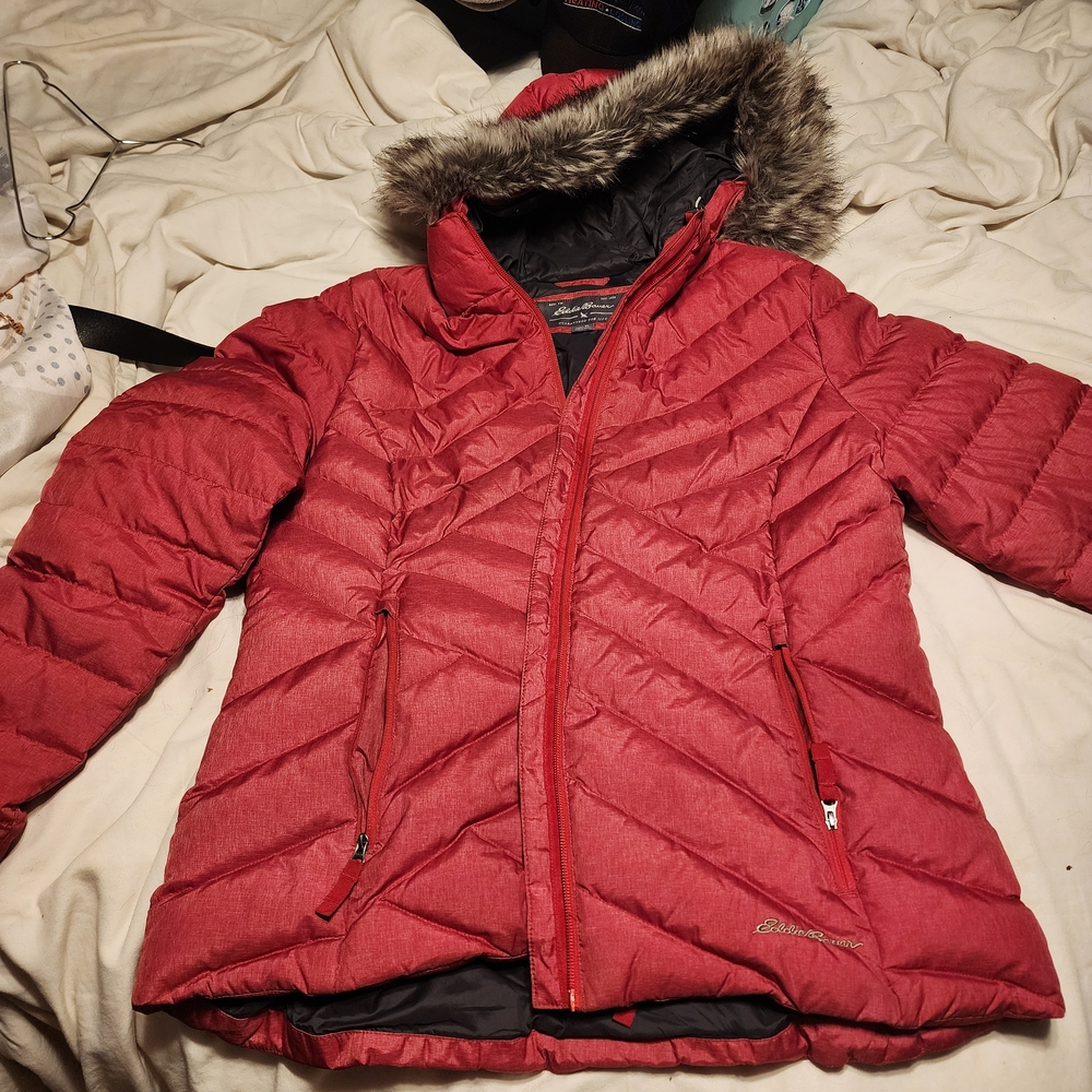 Women's Red Quilted Jacket with Faux Fur Hood